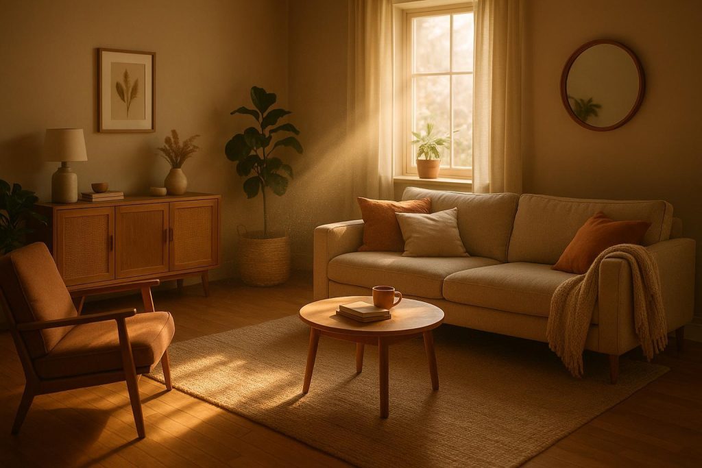 Sunlit dust motes representing dander in a living room, highlighting allergy triggers