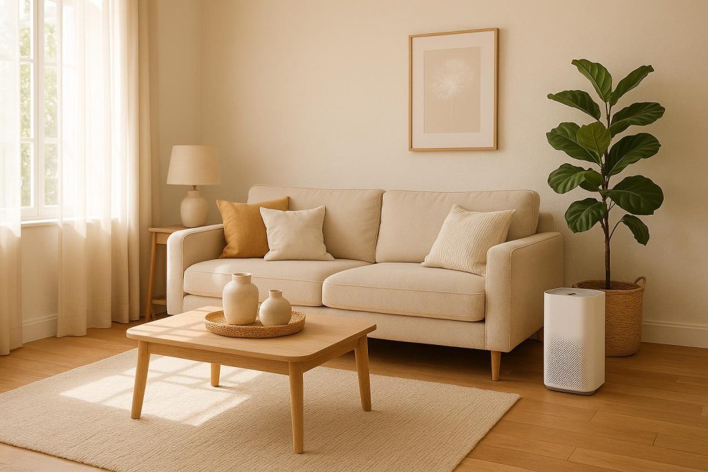 Living room with an air purifier near a sofa, illustrating dander reduction.