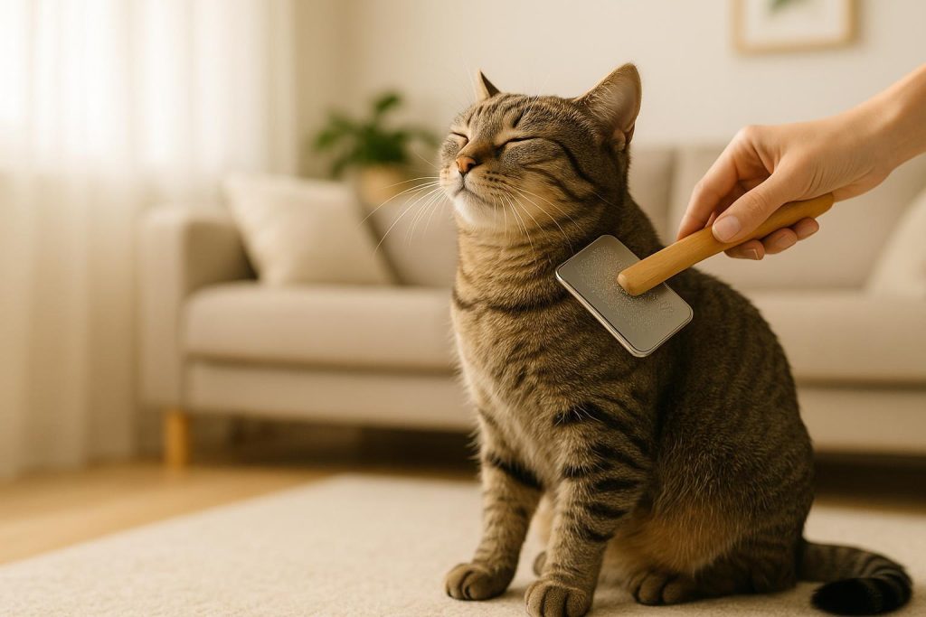 A short-haired cat being gently brushed to reduce dander in a bright living room.