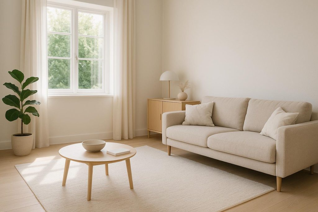 Sunlit living room showing reduced dander on clean surfaces for allergy relief.