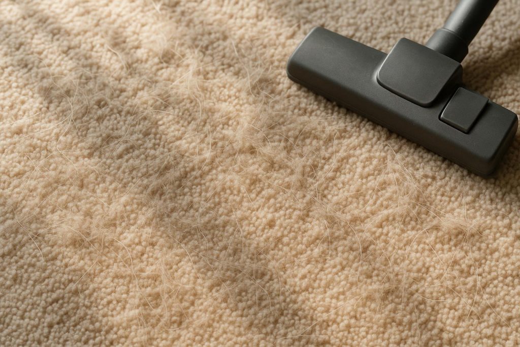 Vacuum nozzle removing dander from a plush beige carpet under natural light