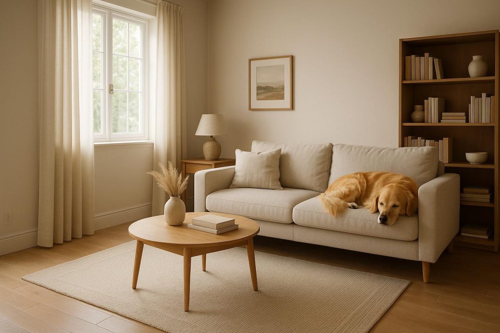 Cozy living room with a dog, showing minimal pet dander.