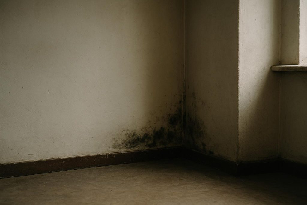 Close-up of subtle black mold in a dim corner, illustrating how it can be odorless.
