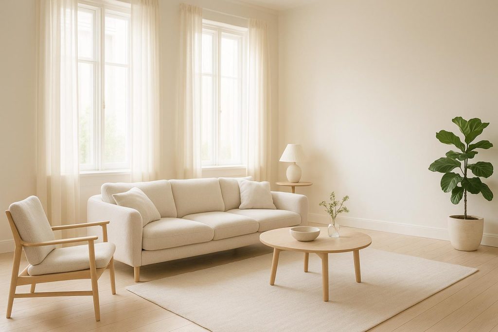 Bright living room with clean surfaces that reduce dust and dander.