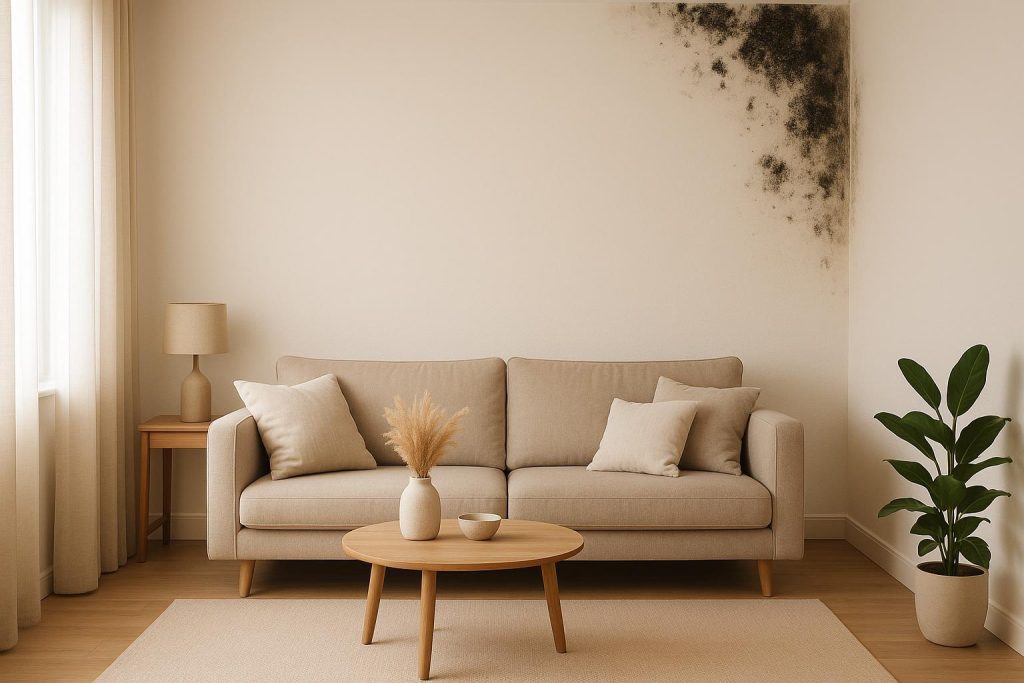 Living room corner with subtle black mold near the ceiling.