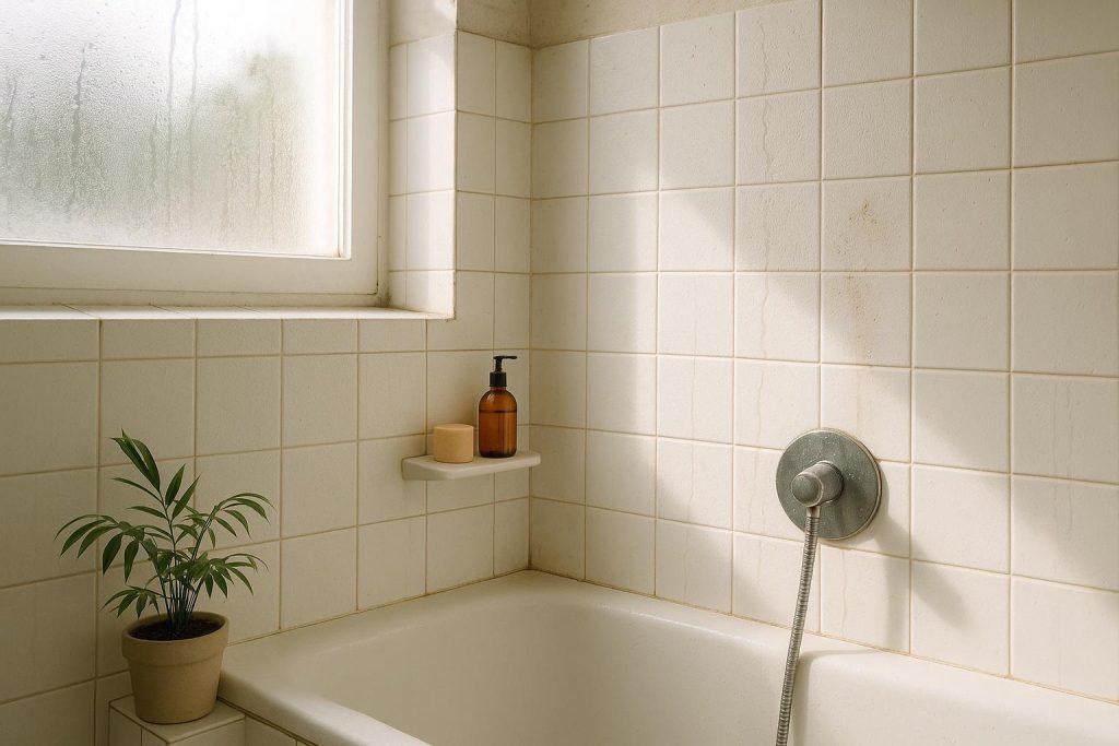 Moist bathroom corner with slight condensation on tiles, where black mold can form.