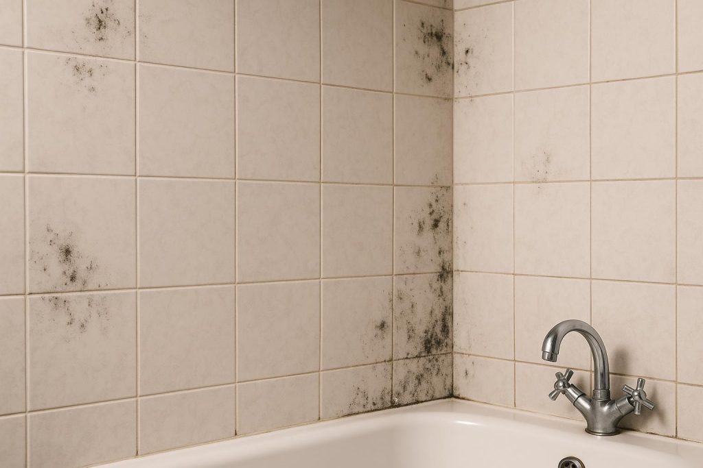 Close-up of black mold spots on a bathroom tile wall in natural light.