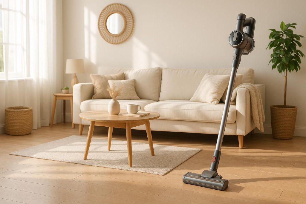 A vacuum cleaner removing dander from a wooden floor in a bright living room.