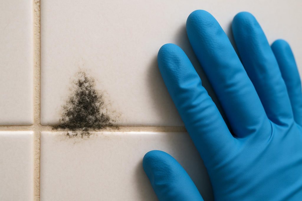 Close-up view of black mold on tile near a protective glove, illustrating potential risks of touching mold barehanded.