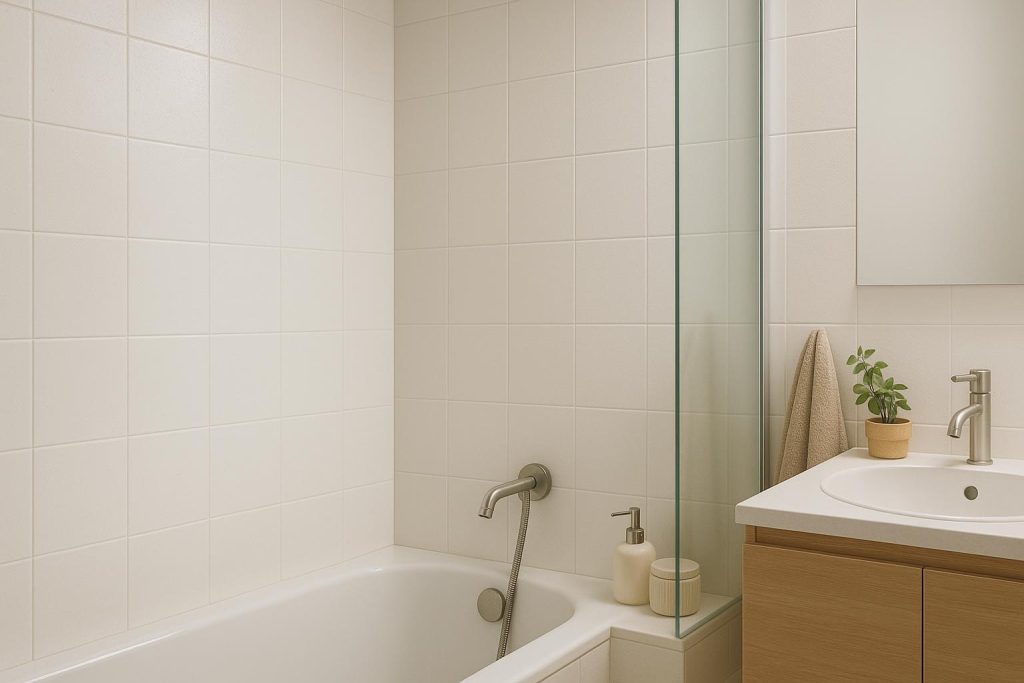 Modern white-tiled bathroom corner with moisture visible, highlighting black mold concerns.