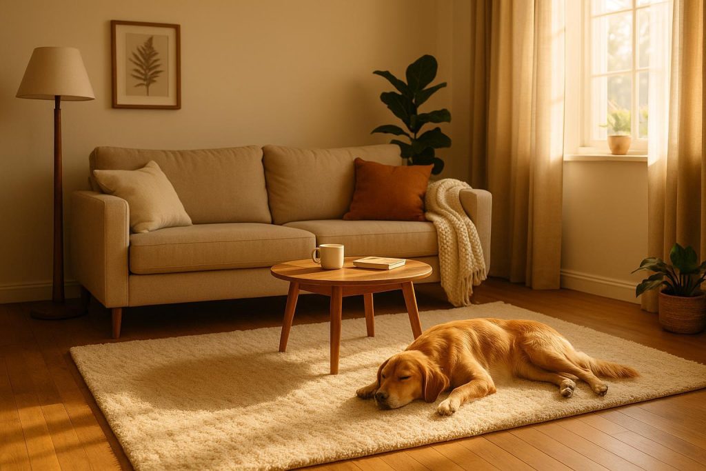 Cozy living room showing a dog, illustrating ways to reduce pet dander.