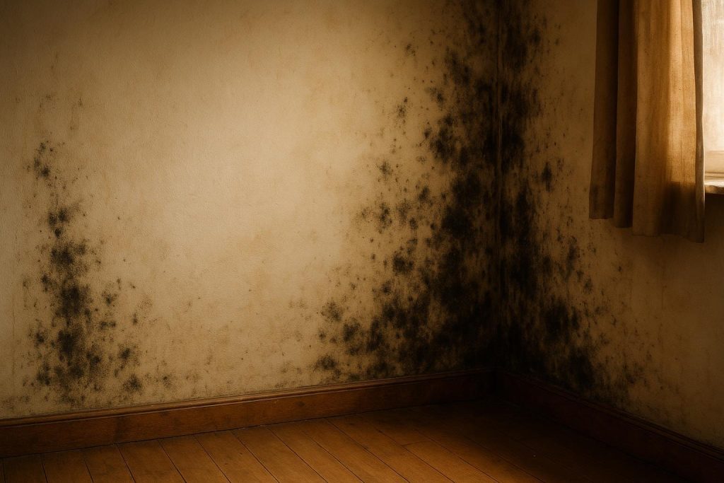 A damp indoor corner with slight black mold growth on the wall.