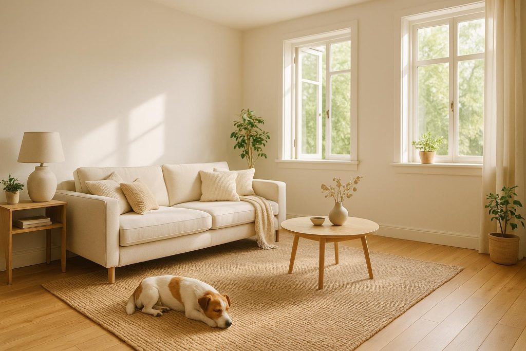 Bright living room with open windows to help reduce pet dander.