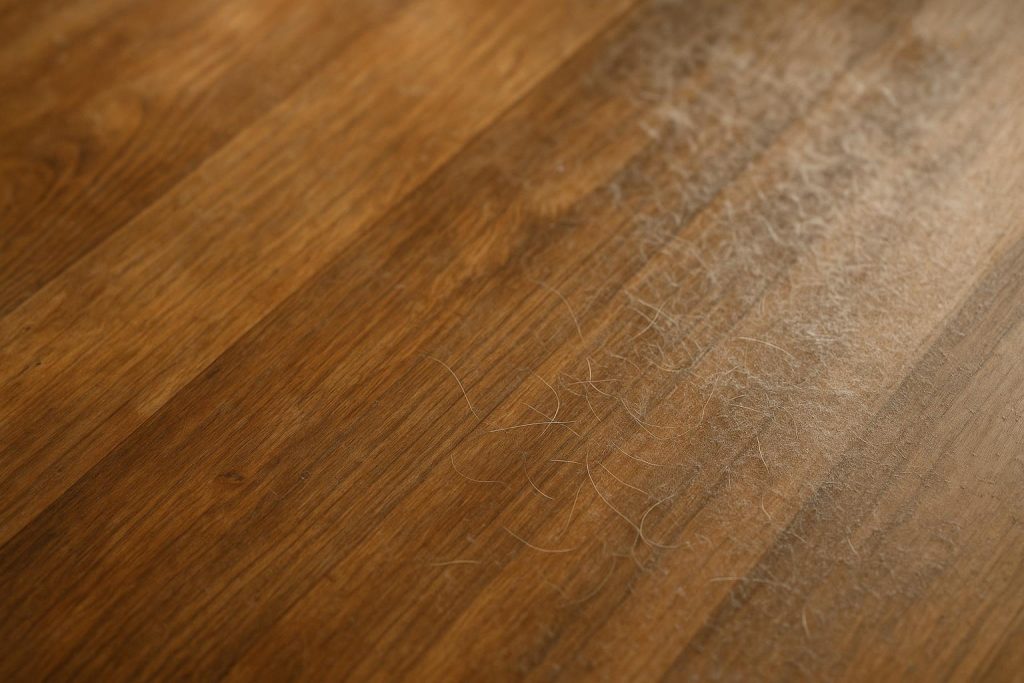 Close-up of dust and pet dander on a wooden surface.