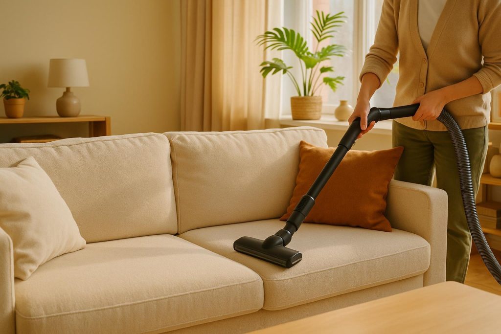 Vacuuming a sofa to remove dust and dander from upholstery.