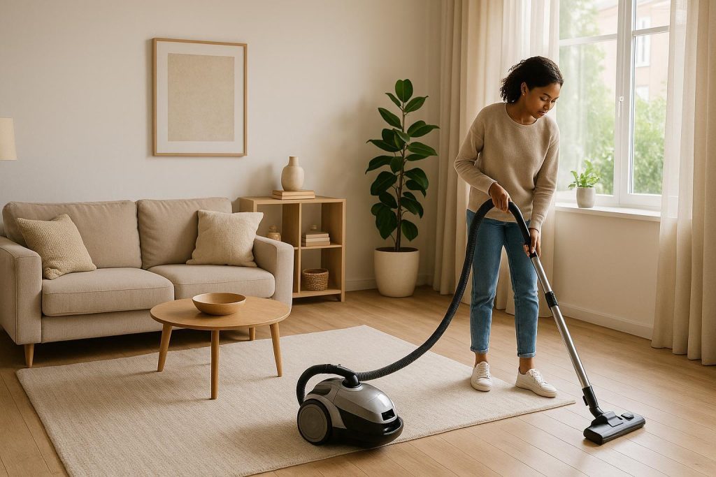 Bright living area vacuumed to reduce dander for allergy relief.