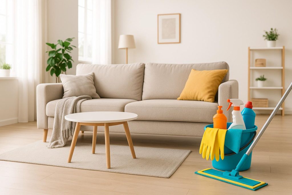 Modern living room showing a comprehensive deep cleaning service setup.