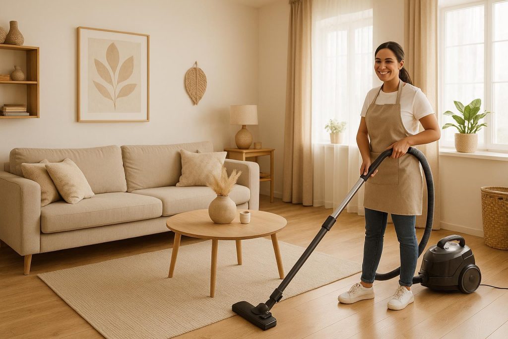 Cleaner vacuuming a bright, tidy living room to illustrate maid services Edmonton