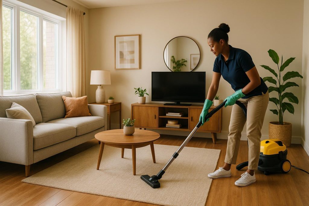Professional maid services Edmonton worker carefully deep cleaning a modern living room.