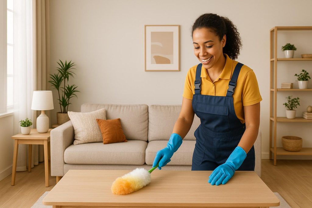 Professional maid services Edmonton staff dusting a living room table