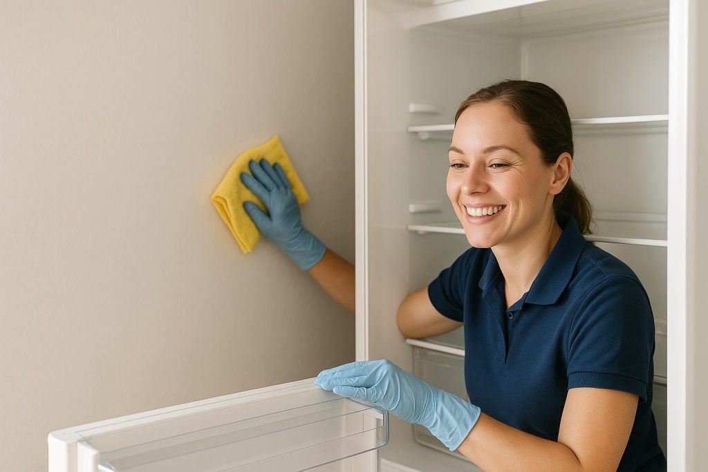 Local professional wiping fridge interior, demonstrating thorough maid services edmonton.