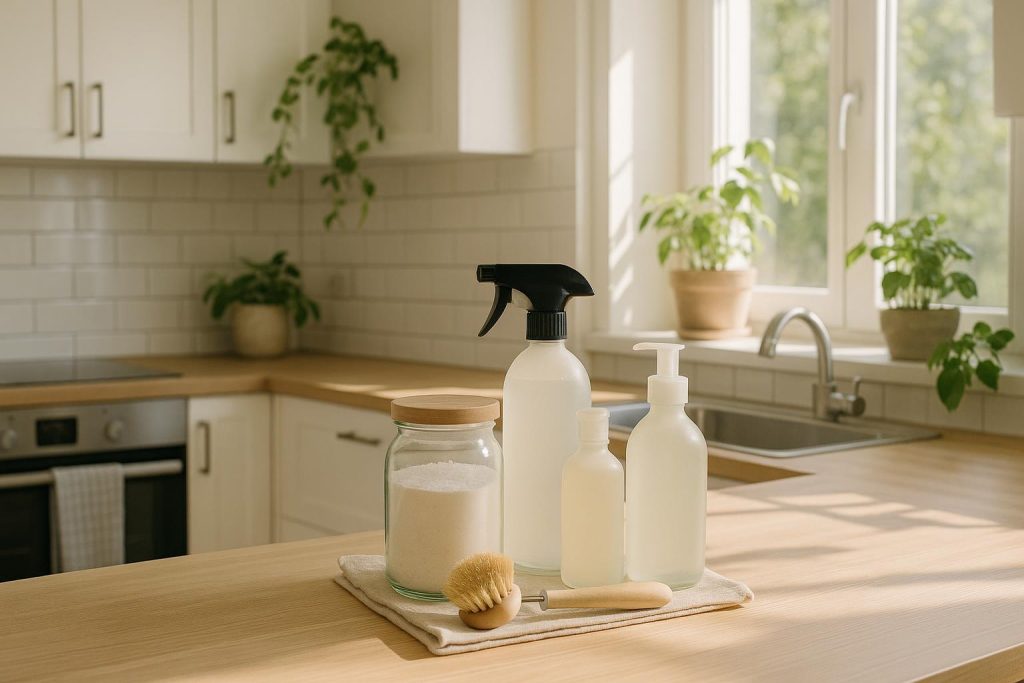 Sunlit eco-friendly cleaning products on a kitchen counter for maid services in Edmonton