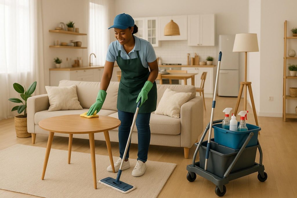 Bright living room with a local Maid Services Edmonton professional tidying a spacious home.