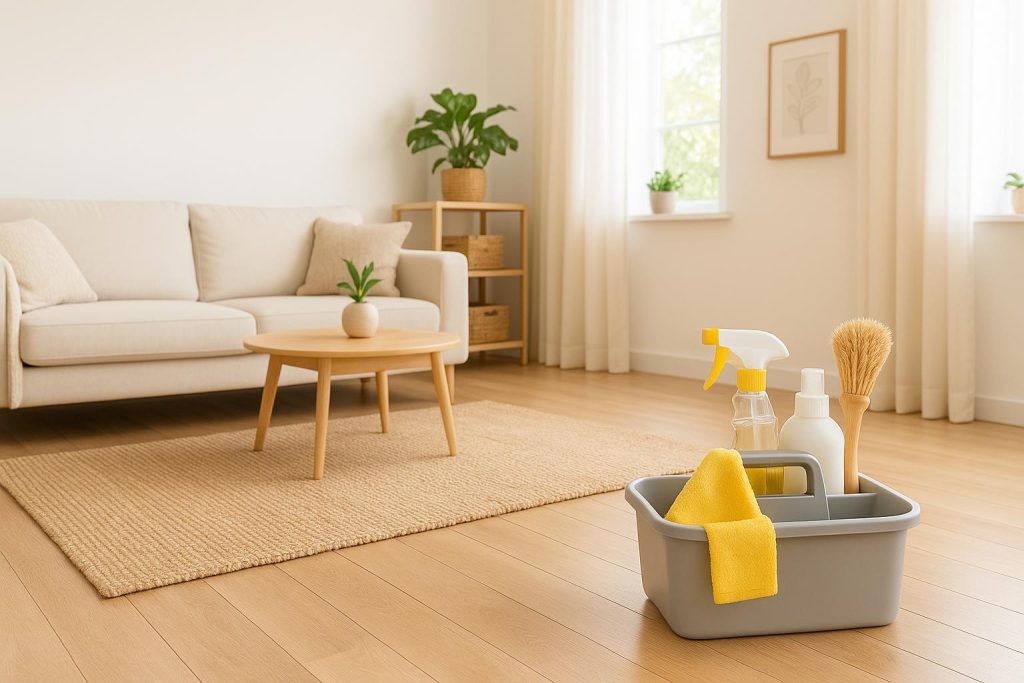 Bright living space with cleaning supplies on the right, referencing maid services Edmonton.