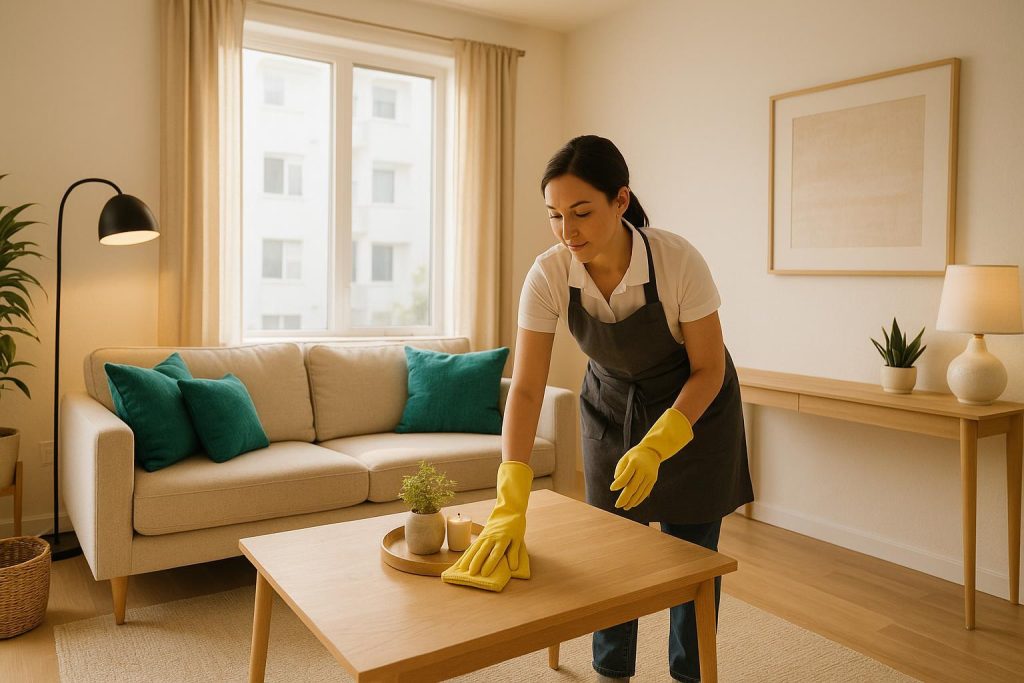 Professional cleaner tidies a rental living area in Edmonton, highlighting maid services Edmonton.