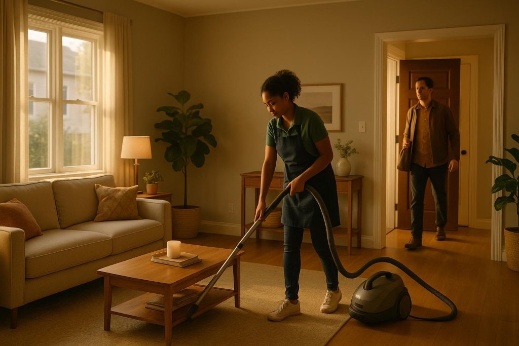 Bright living room with a maid services Edmonton cleaner while the homeowner steps out.