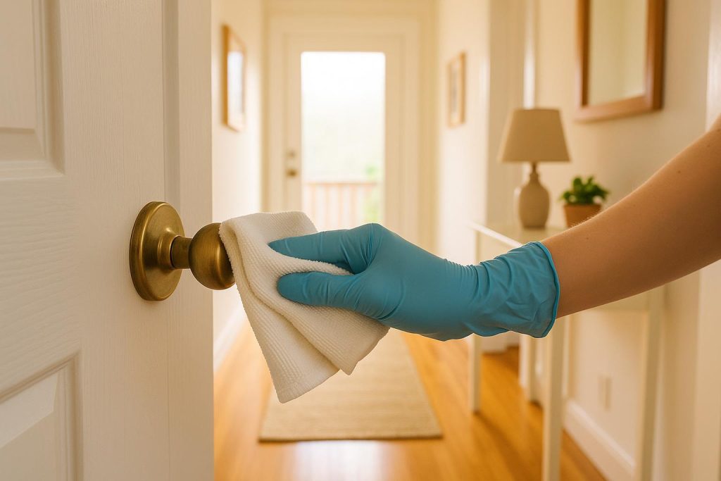 Gloved hand disinfecting a doorknob for maid services Edmonton high-touch cleaning.