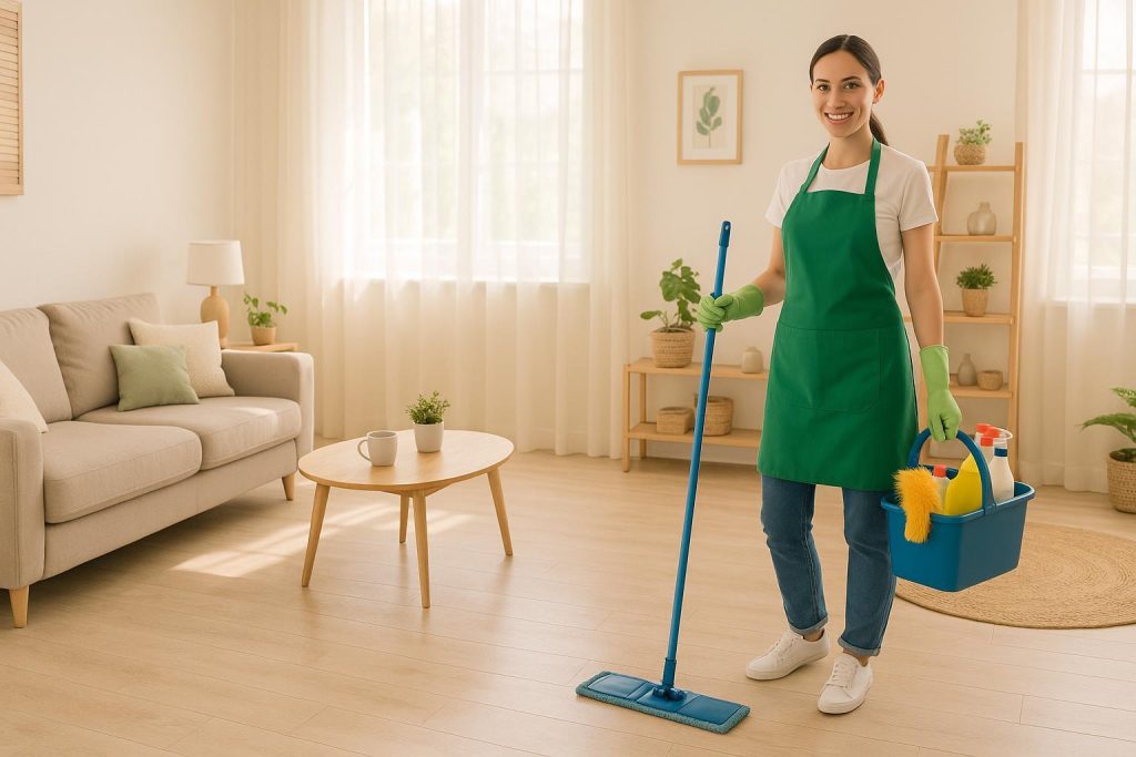 Smiling cleaner in tidy living room, representing weekend availability for maid services Edmonton.