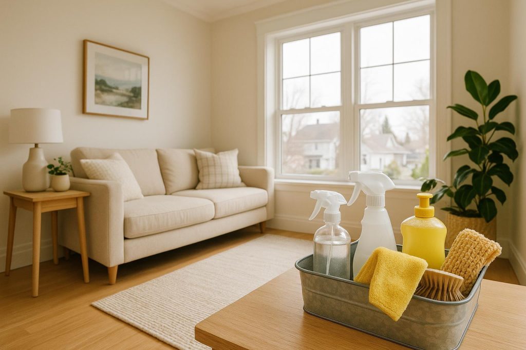 Tidy living area with cleaning supplies showcasing maid services Edmonton.