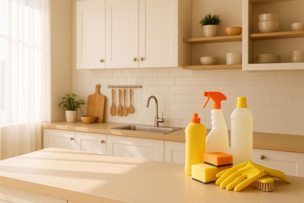 Clean modern kitchen with cleaning supplies used by maid services Edmonton.