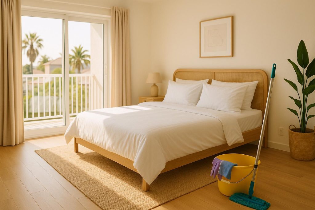 A bright Airbnb bedroom being cleaned, highlighting maid services Edmonton