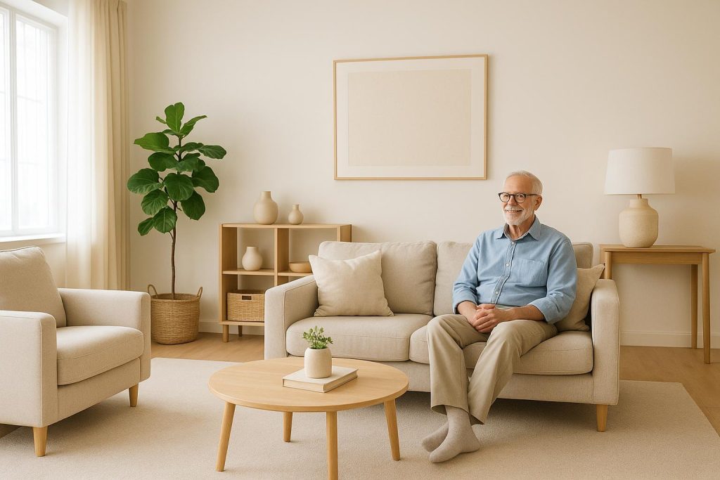 Senior relaxing in a bright living room after professional maid services in Edmonton.