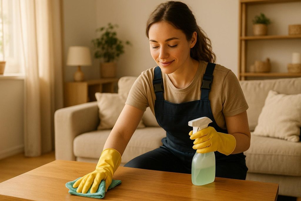 Professional cleaner tidying a living room, illustrating maid services in Edmonton