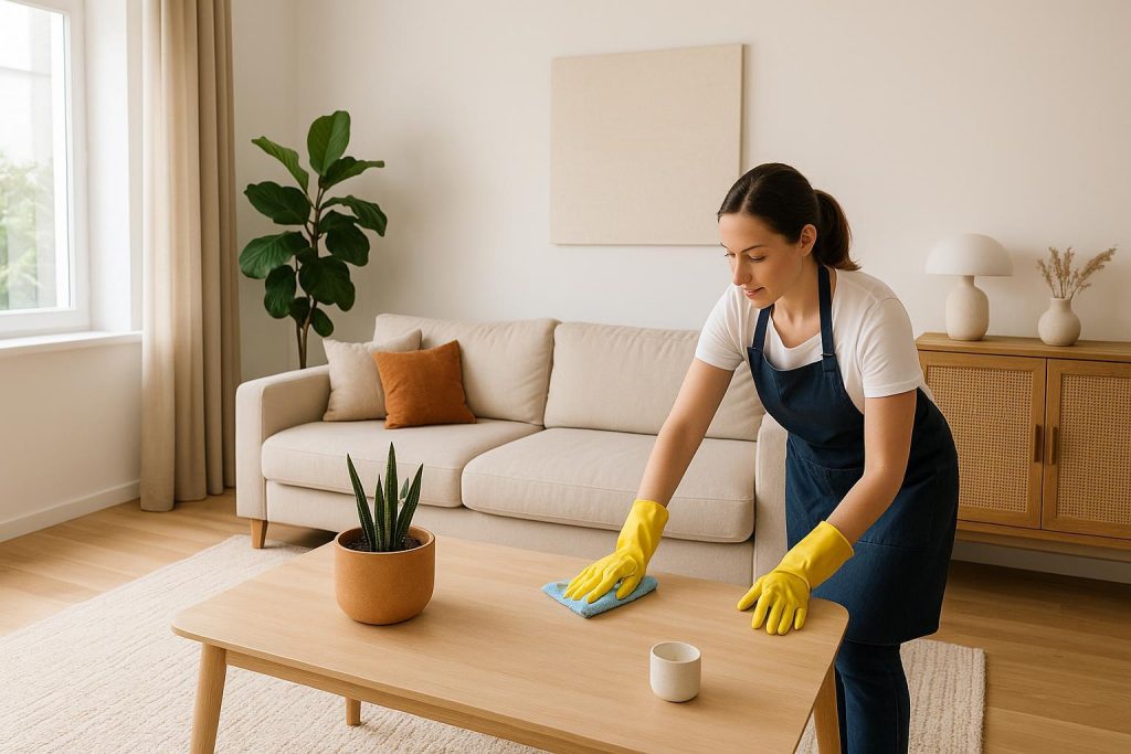 Cleaner tidying an Airbnb living room, referencing maid services edmonton