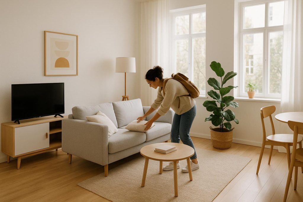 Person cleaning a bright Airbnb living area before leaving, referencing maid services edmonton