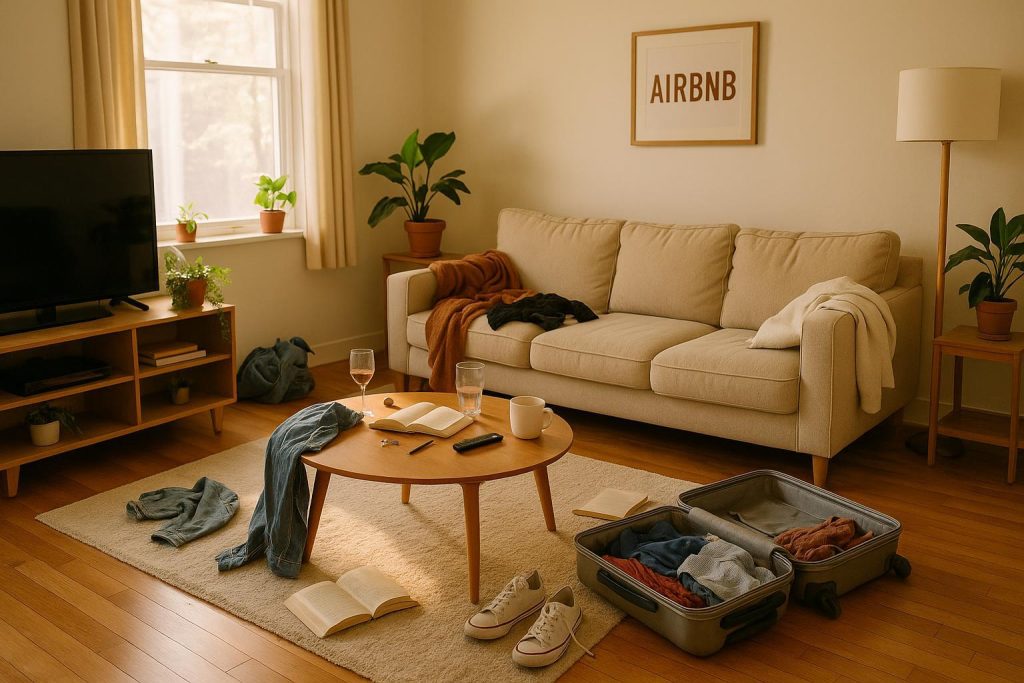 A slightly messy Airbnb needing maid services edmonton for a quick refresh.