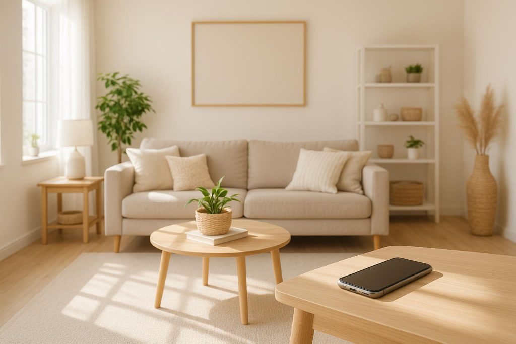 Bright living room neatly arranged, highlighting maid services edmonton with a phone capturing final cleaning photos.