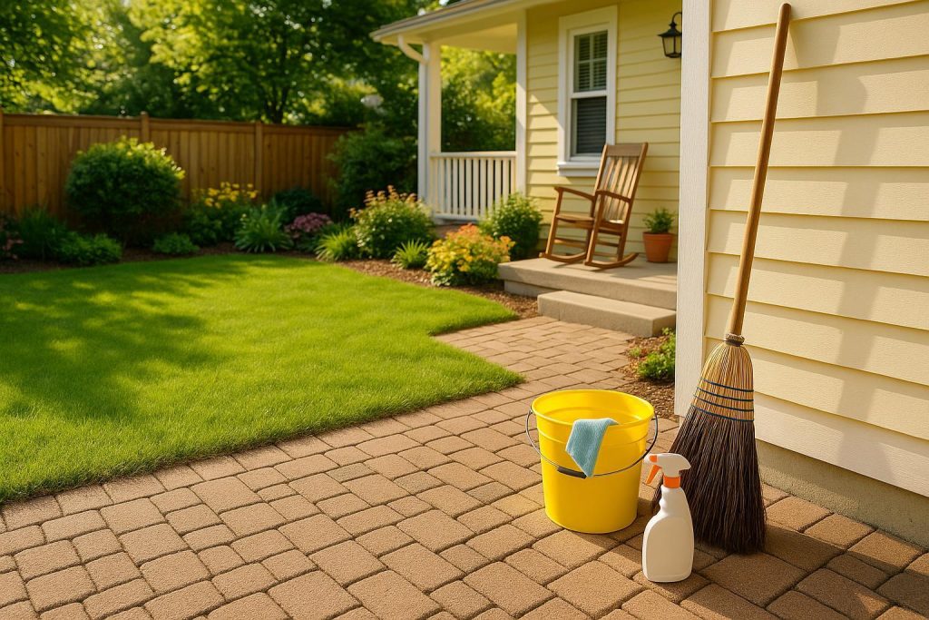 Neat, sunlit porch with a broom referencing maid services Edmonton.