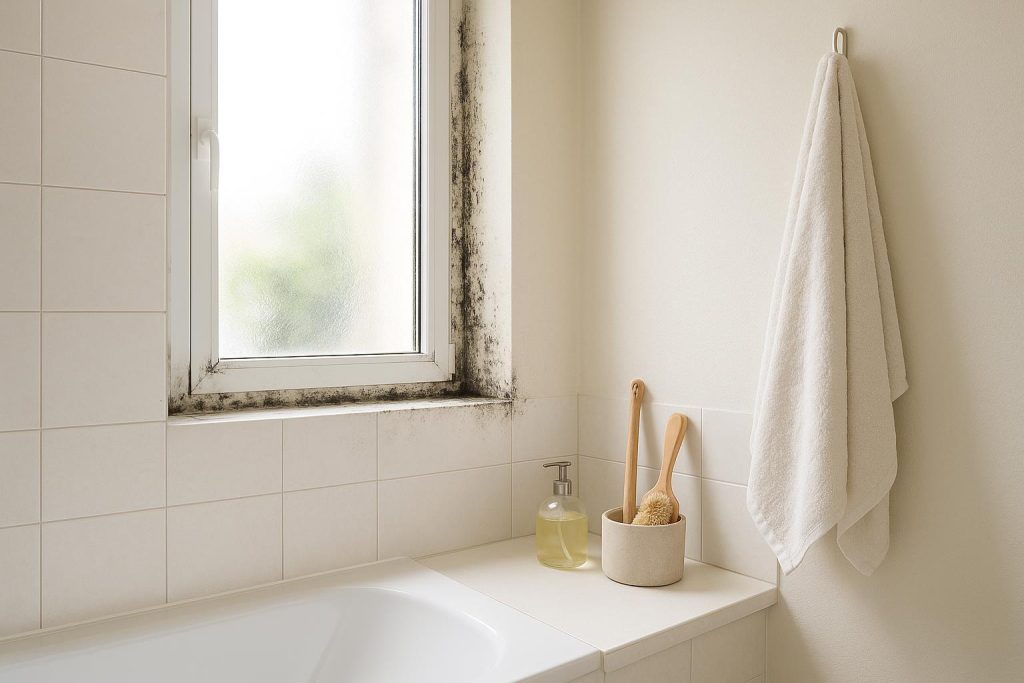 Close-up of black mold in a humid bathroom corner emphasizing moisture issues.