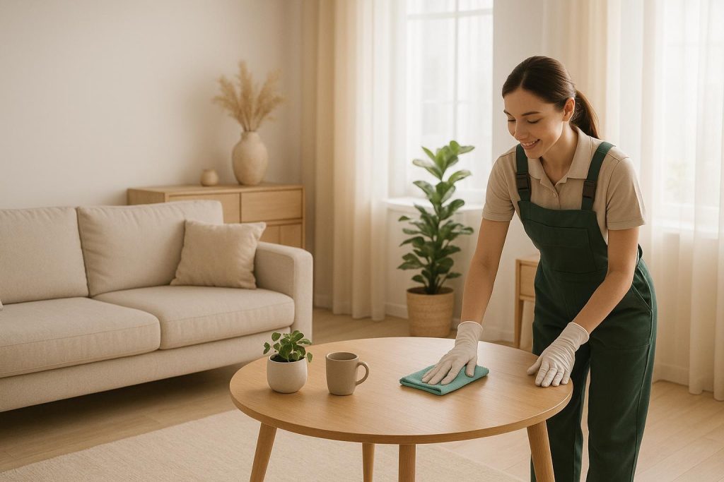 Cleaner tidying a bright living room, representing maid services in Edmonton.