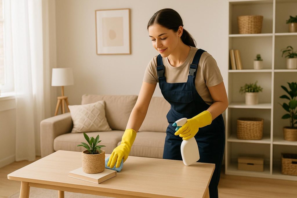 Professional maid in an airy Edmonton home, demonstrating combined organizing and maid services.