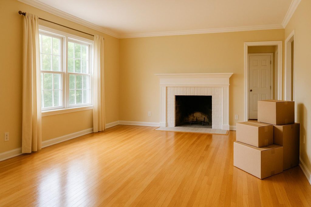 Freshly cleaned living room with boxes, illustrating a move in cleaning service.
