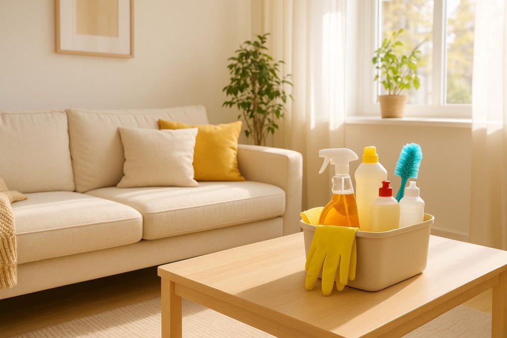 Housekeeping supplies in a clean, well-lit living room demonstrating typical tasks