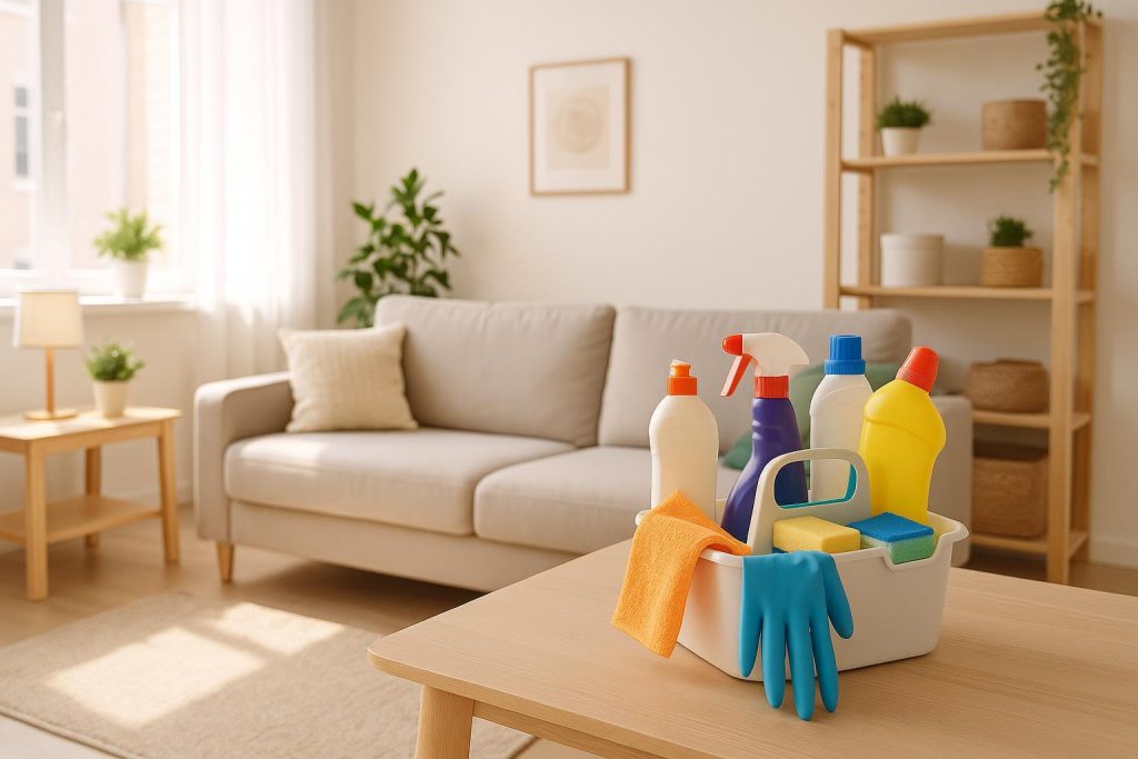 Neatly arranged cleaning tools near a tidy living space for housekeeping services.