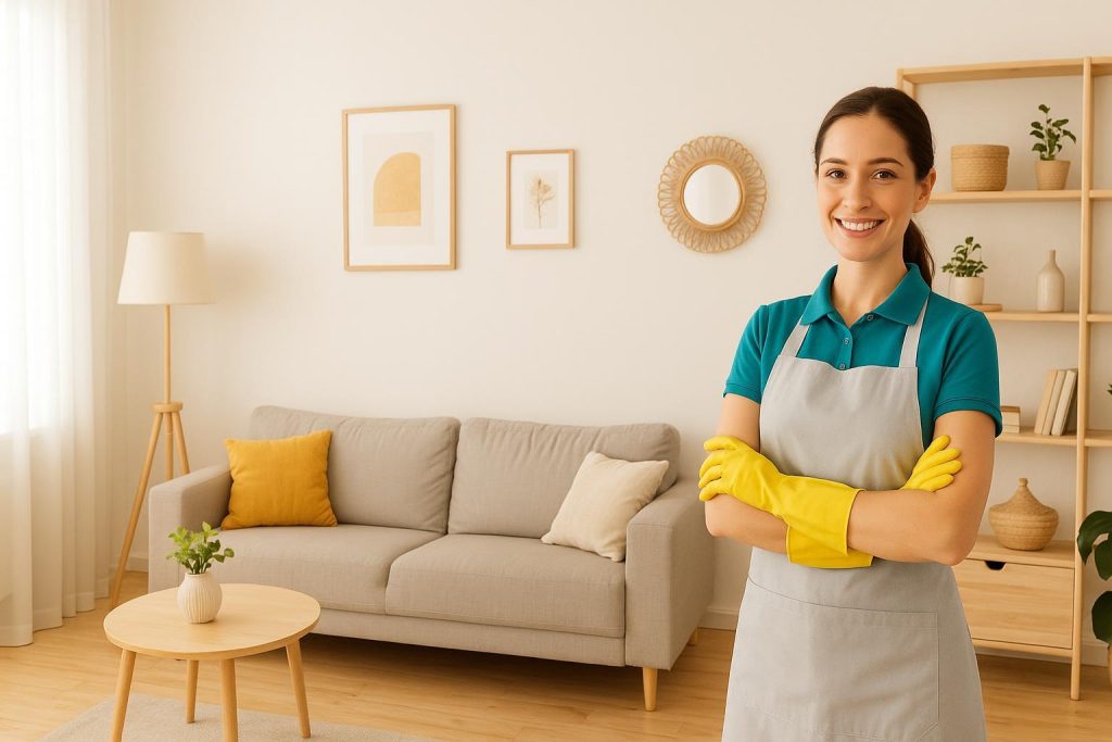 Professional cleaner in a modern home representing an insured cleaning company.
