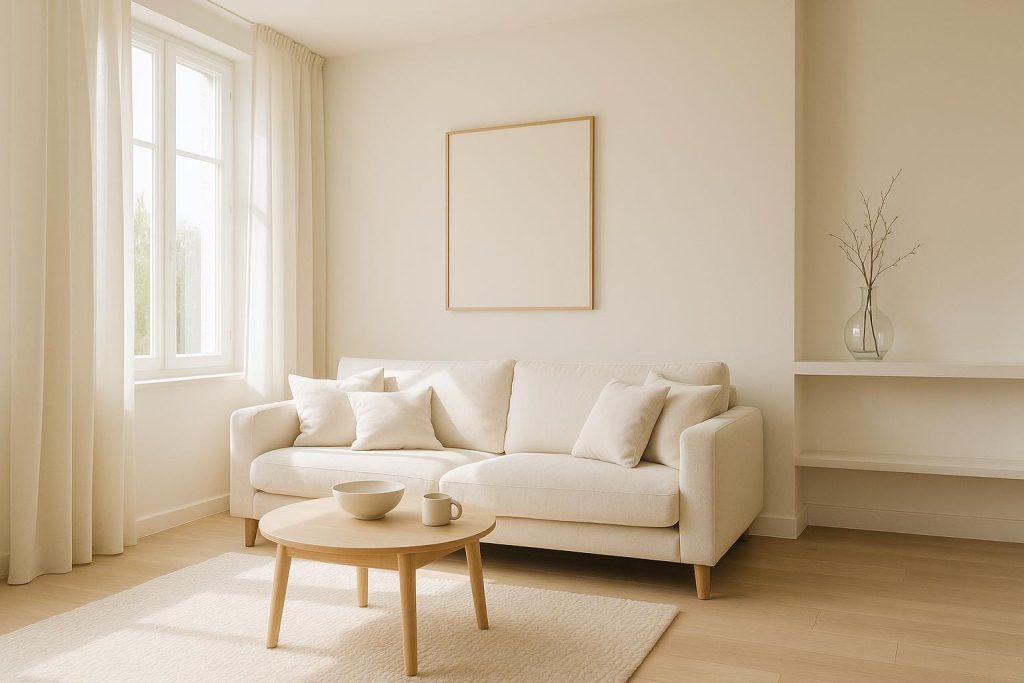 Bright living room with glass vase on right shelf, referencing damage during a service.